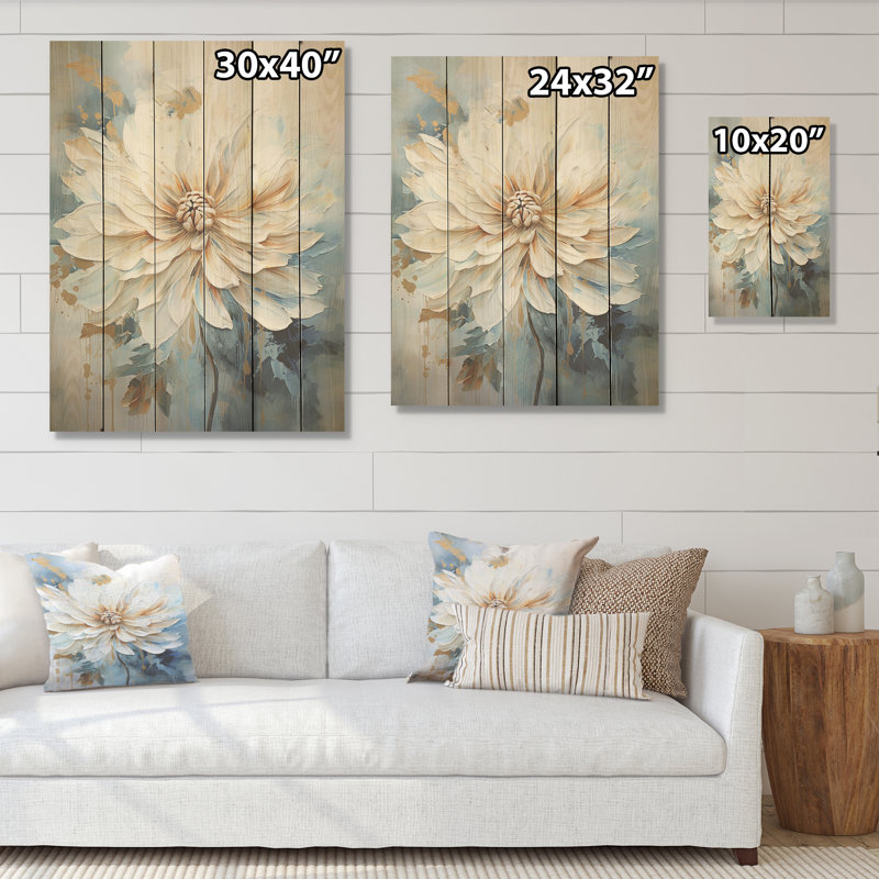Simple, beige et bleu Dahlia I - art mural en bois de dahlia sur bois de pin naturel, H 32 po x l 24 po