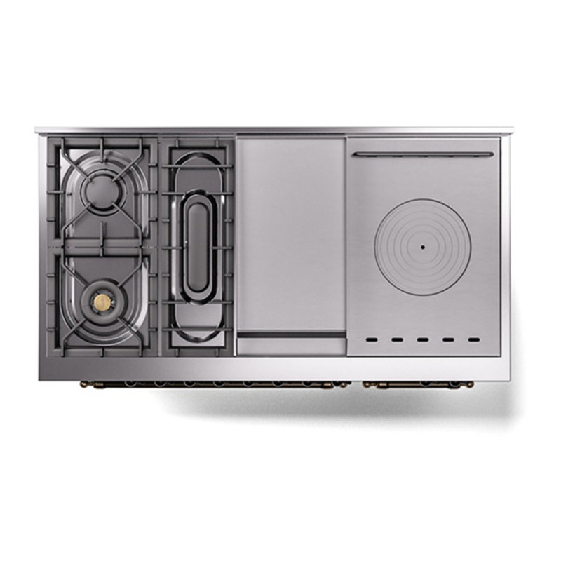 ILVE Nostalgie II Noblesse 48 inch Dual Fuel Range (5 Sealed Burners + Griddle + French Top, Triple Glass Door), Burnished