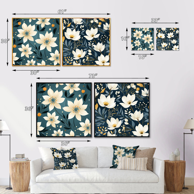 Erine - Ensemble de 2 collages carrés floraux, Cadre flottant doré, H 36 po x l 73 po