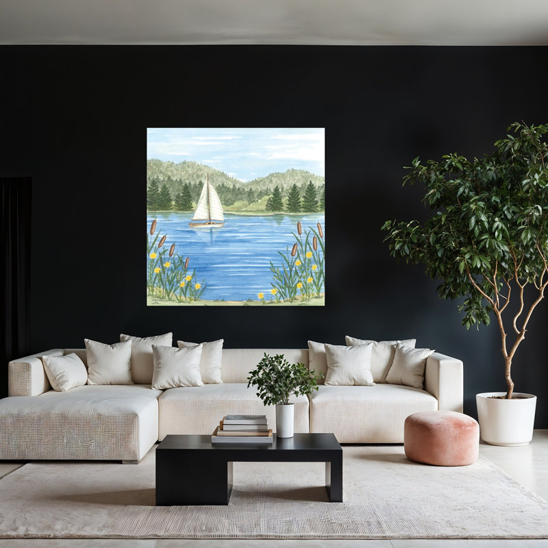 Voilier sur le lac, art contemporain contemporain, H 48 po x l 48 po