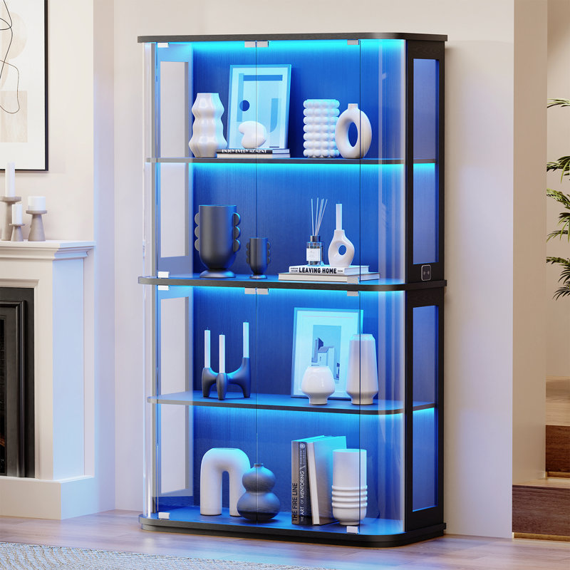 Display Cabinet With Glass Door, 4-tier Curio Cabinet With 3 Color Lights For Collectibles, Glass Display Case With Transparent Full-display Surface, Human Body Sensor, Black