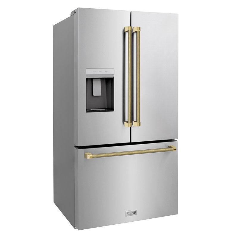 ZLINE Autograph 36 in. Stainless Standard-Depth Fridge w/ Dual Ice Maker & Gold Helix Handles, Gold