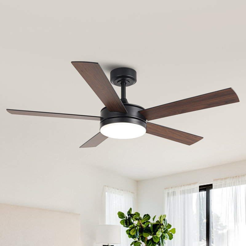 Vaczon 48" 5 - Blade Modern Ceiling Fan with LED Lights and Remote Control, Black with Black/Brown Wood Blades
