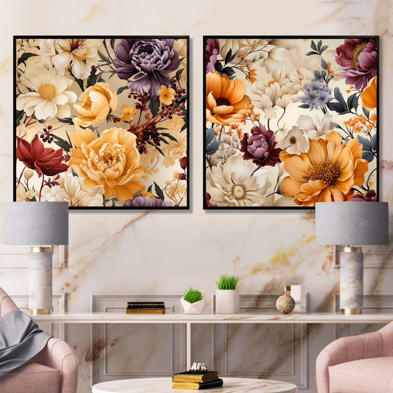 Janes - ensemble de 2 reproductions d'art sur toile florales, Cadre noir, H 16 po x l 33 po x P 1 po