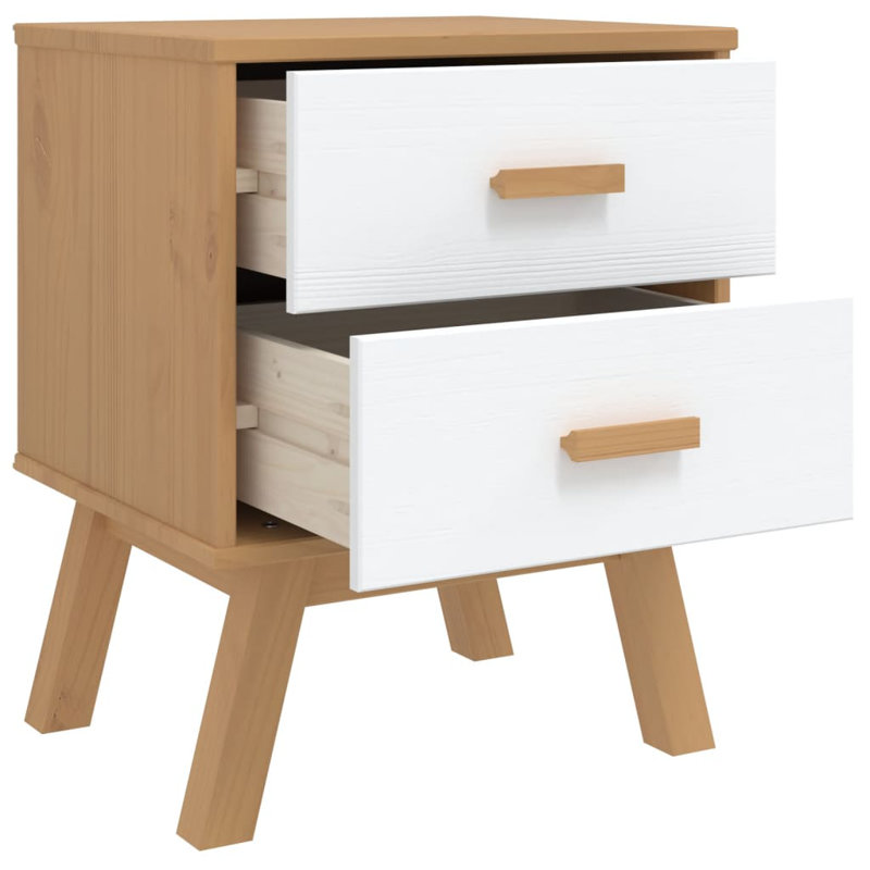 Table de chevet en bois massif Lachish, Blanc / brun