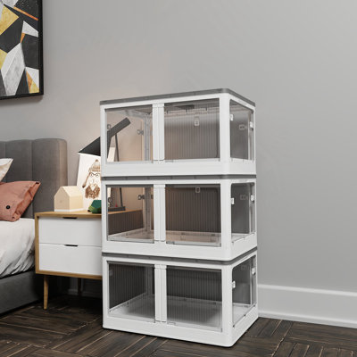Ensemble de 3 bacs de rangement empilables transparents avec 5 portes à ouvrir avec roulettes