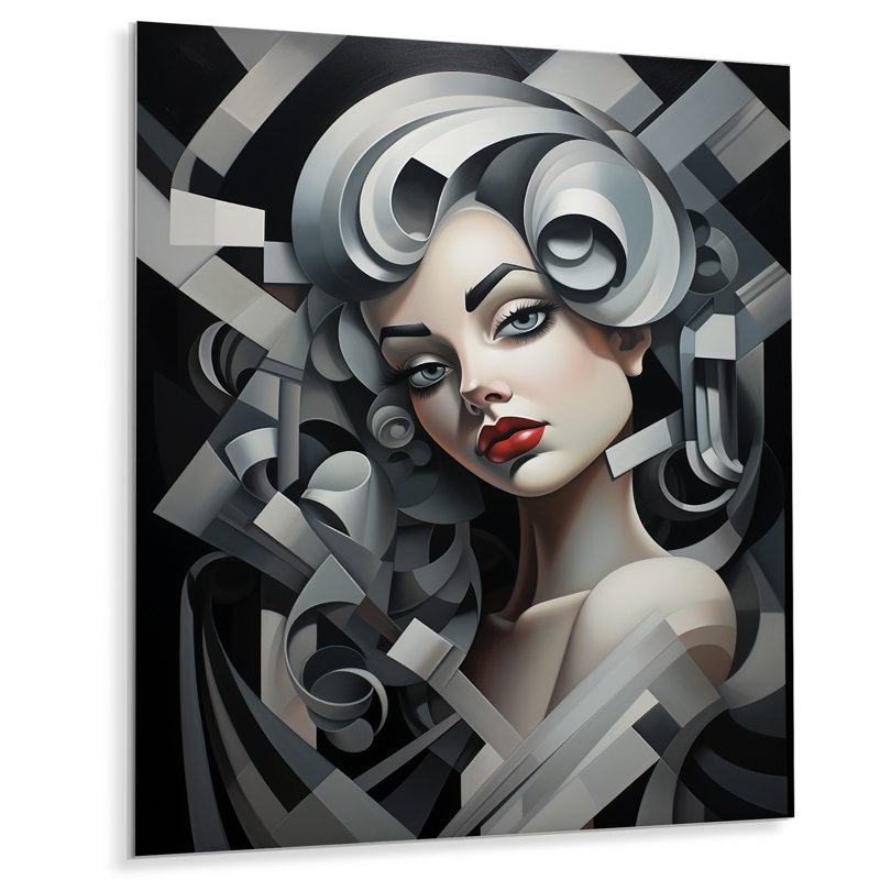 Portrait de femme cubique noir et blanc III - art en métal tendance, H 40 po x l 30 po x P 1,5 po