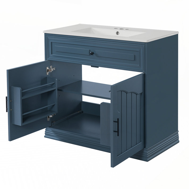 Meuble-lavabo luxueux avec lavabo en céramique et portes à fermeture douce, Noir, Bleu