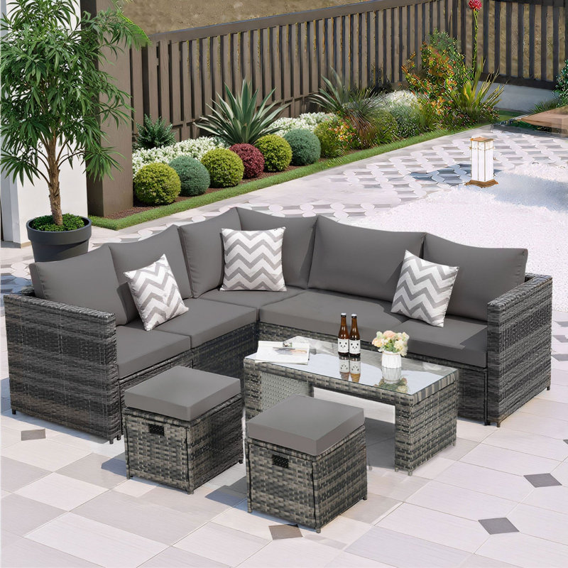 6 Piece Outdoor Seating Group With Cushions, Dark Gray