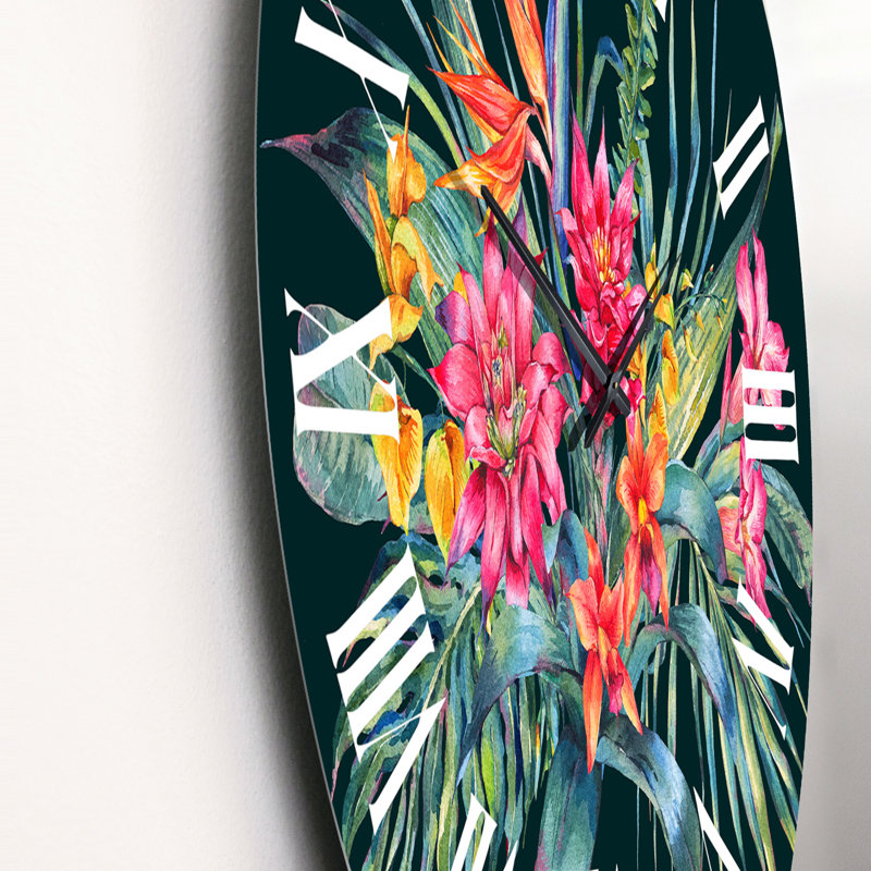 Horloge murale tropicale rouge et orange sur fond noir III, Petit