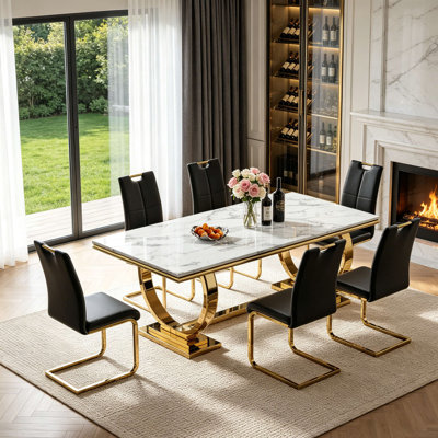 68" Modern Luxury Faux Marble Dining Table Set for 6, 7-Piece Kitchen Table Set with Unique Gold O-Shaped Stainless Steel Base and 6 Black PU Leather Dining Chairs