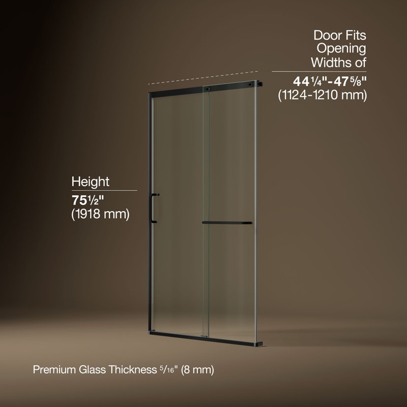 Elate Tall Sliding Shower Door, 75-1/2-In H X 44-1/4 - 47-5/8-In W, With Heavy 5/16-In Thick Crystal Clear Glass, Black