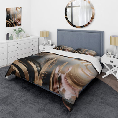 Gold And Pink Vibrant Swirls III - Abstract Marble Duvet Cover Set - Microfiber Polyester