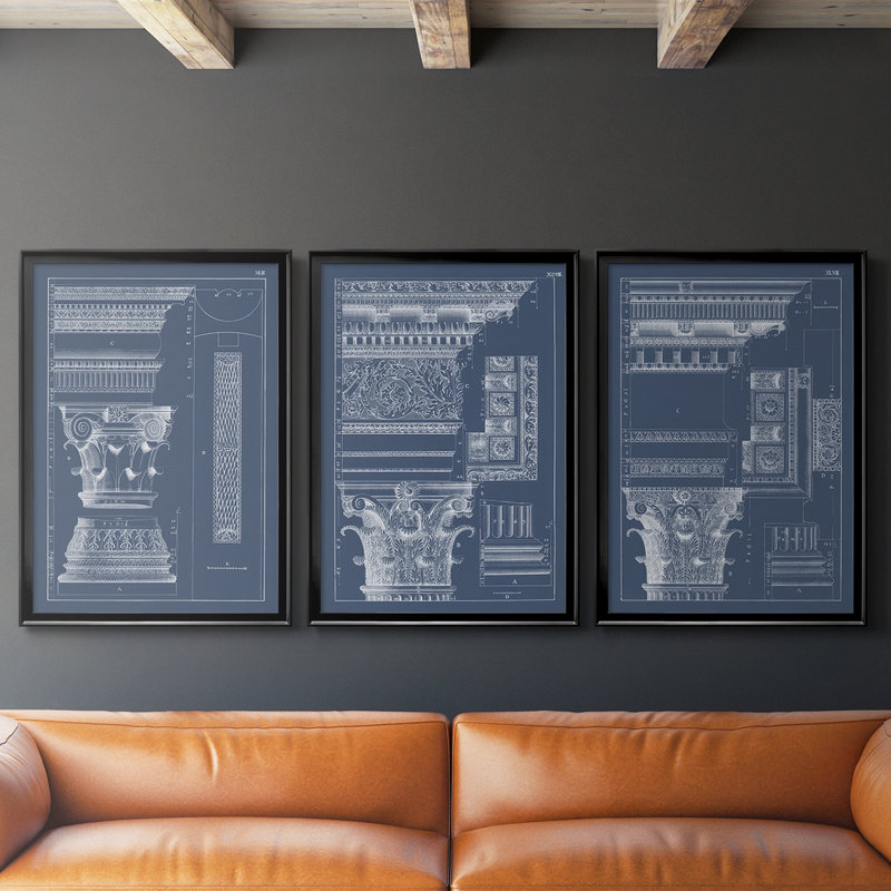 Colonne et corniche I - Toile tendue avec châssis sur mesure - 3 pièces, Noir, noir, noir, noir, H 30 po x l 63 po