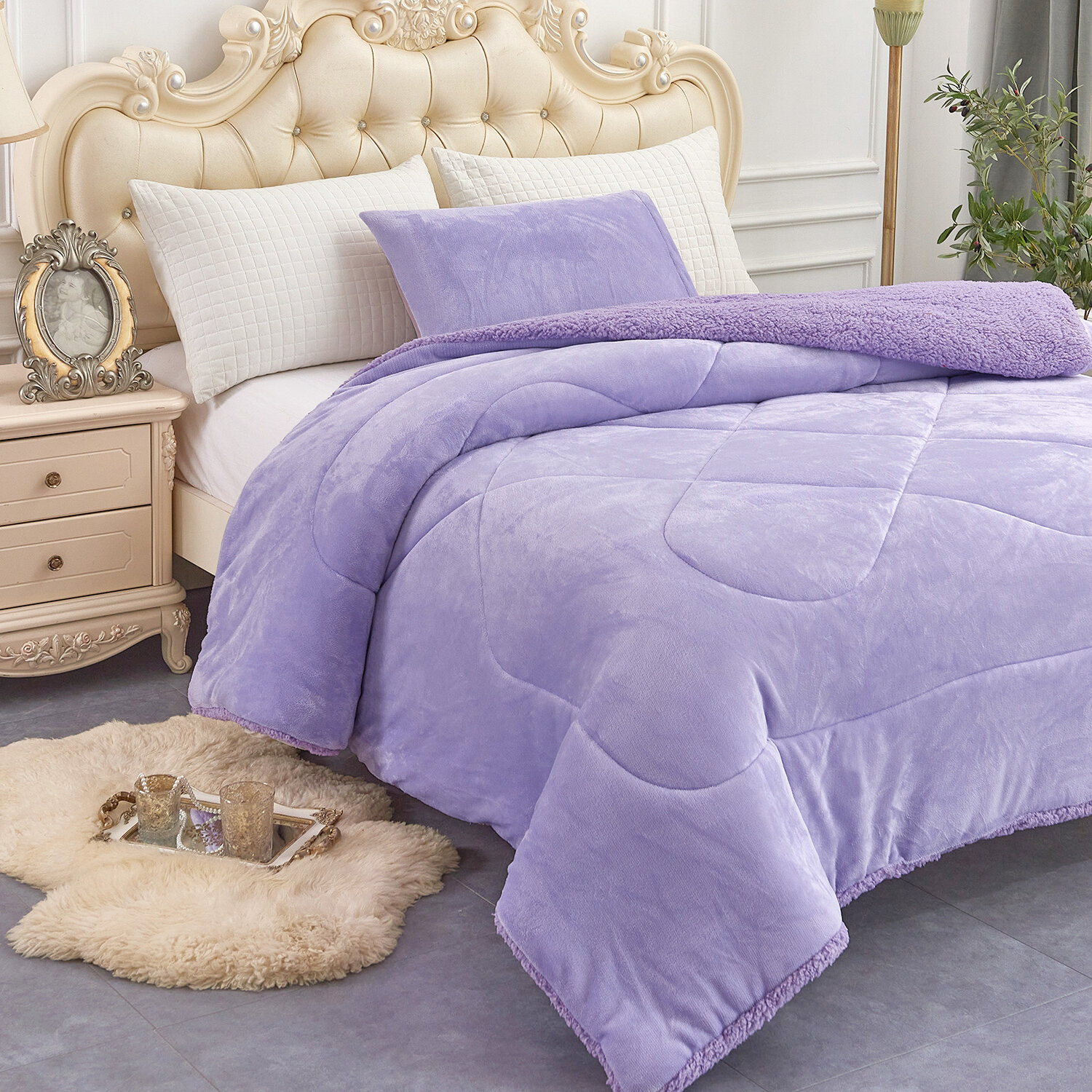 Twin Size Sherpa Fleece Blanket with Pillow Shams (Set of 2) Everly Quinn Color: Purple