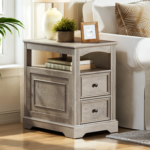 24.6"H Farmhouse End Table Narrow Nightstand with 2 Drawers