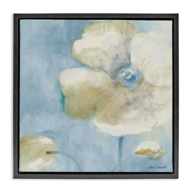 «White Blossom on Blue» par Lanie Loreth, Cadre flottant noir de jais, H 25 po x l 25 po