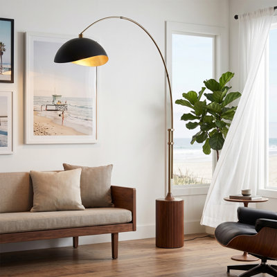 Lampe Tambo Luna 92 po - Laiton vieilli, base noyer foncé, feuille d'acier noir mat / doré, à intensité variable, ampoule incluse