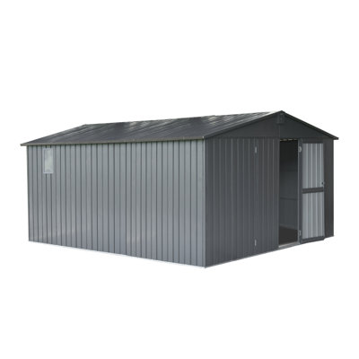 11' x 12.5' Galvanized Steel Outdoor Storage Shed with Windows & Lockable Doors - Dark Gray Metal Garden Utility Tool House