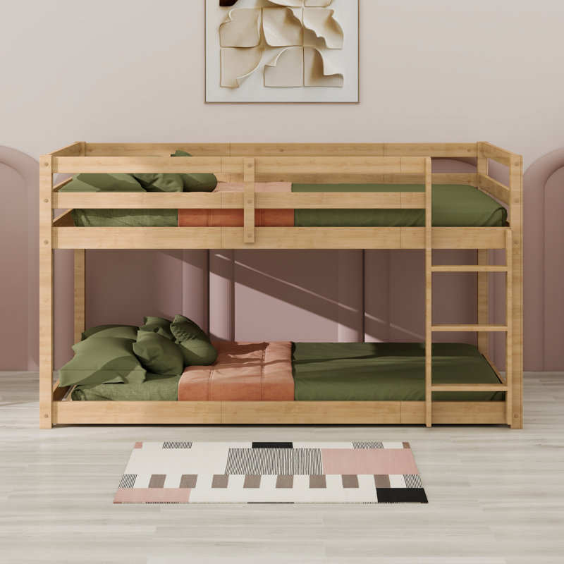 Wooden Solid Floor Bunk Bed With Ladder, Natural