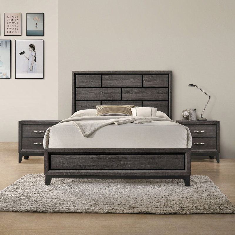 Ensemble de chambre Ferris Beeson, Noir/gris, Trois pièces : lit et deux tables de chevet, Très grand lit