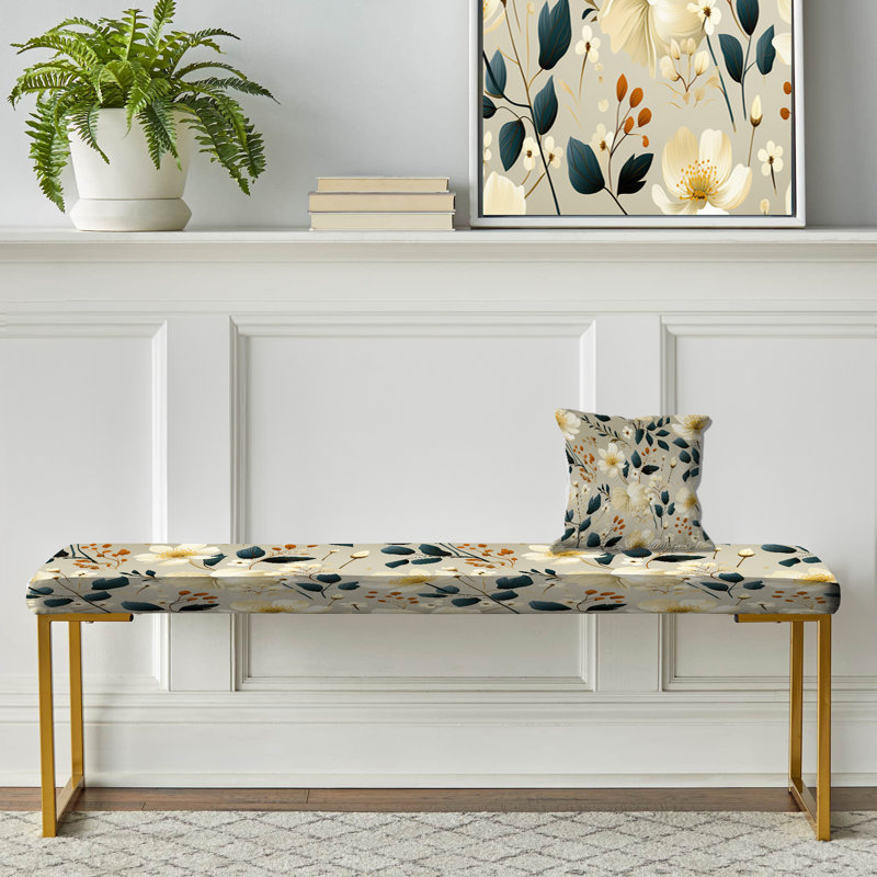 Minimalisme gris et motif de fleurs beige I - banc rembourré floral doré