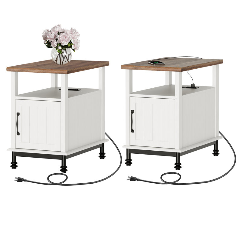 Modern End Tables With Charging Station, Set of 2, White/Brown