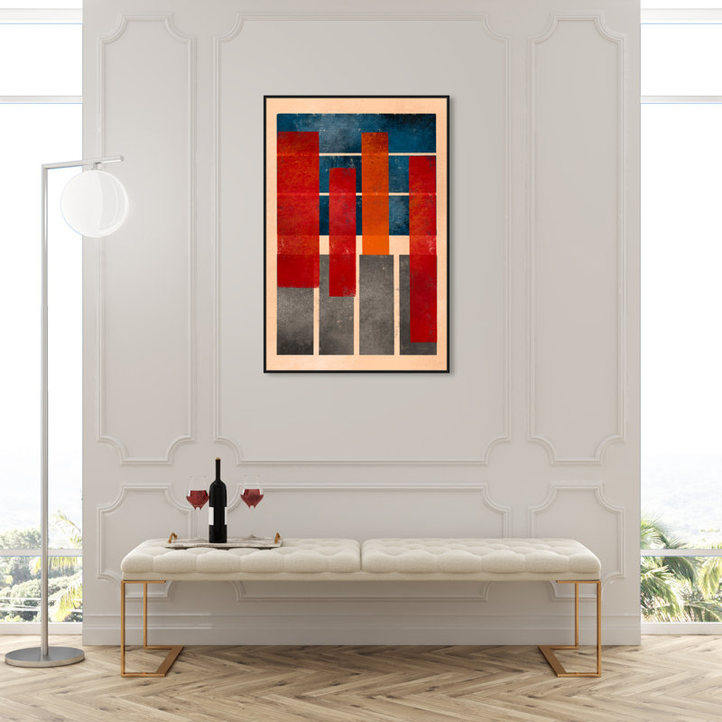 Abstrait abstrait et formes rouges - Peinture sur toile, H 45 po x l 30 po, Toile avec cadre noir