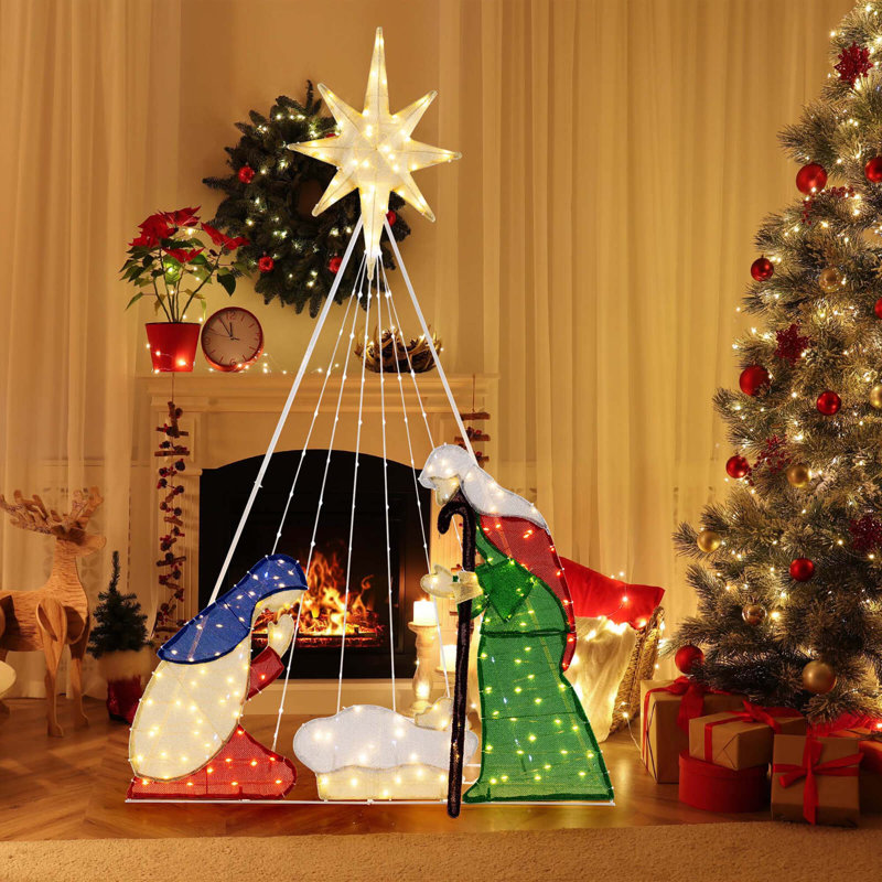 Crèche de Noël 6 pi avec 240 lumières à DEL et piquets de sol