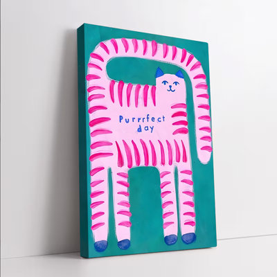 1 pièce d'art mural sur toile encadrée, chat rose ludique, fond sarcelle et motif rayé, typographie «Purrrfect Day», décoration fantaisiste pour le salon, la chambre à coucher ou la chambre de bébé, imprimé animal mignon pour les amoureux des chats et des enfants