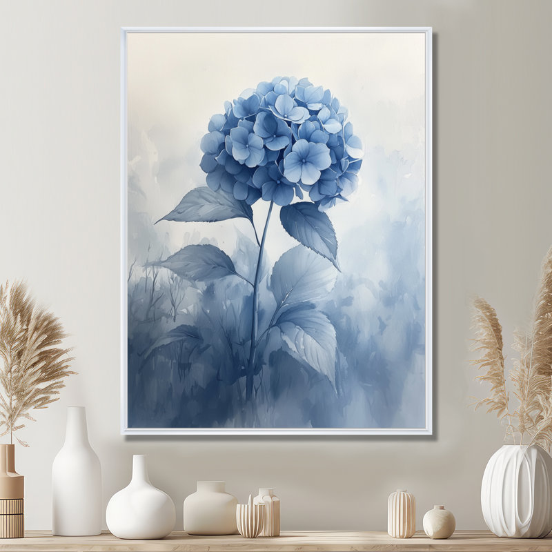 «Blue Hydrangeas In The Mist Dream II», art mural hydrangées, Impression encadrée flottante, H 44 po x l 34 po, Blanc