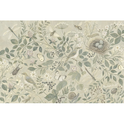 Papier peint botanique rétro avec oiseaux et nid