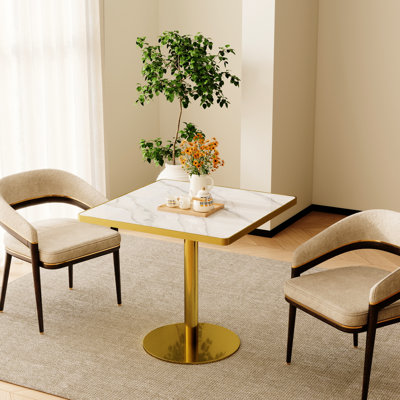 Table de bistro carrée tulipe de 80 cm (31,5 pouces) avec plateau en faux marbre, montage facile, structure en métal, pierre frittée gris ardoise, dalle brillante effet pierre de montagne enneigée, bordures en alliage d'aluminium, finition dorée
