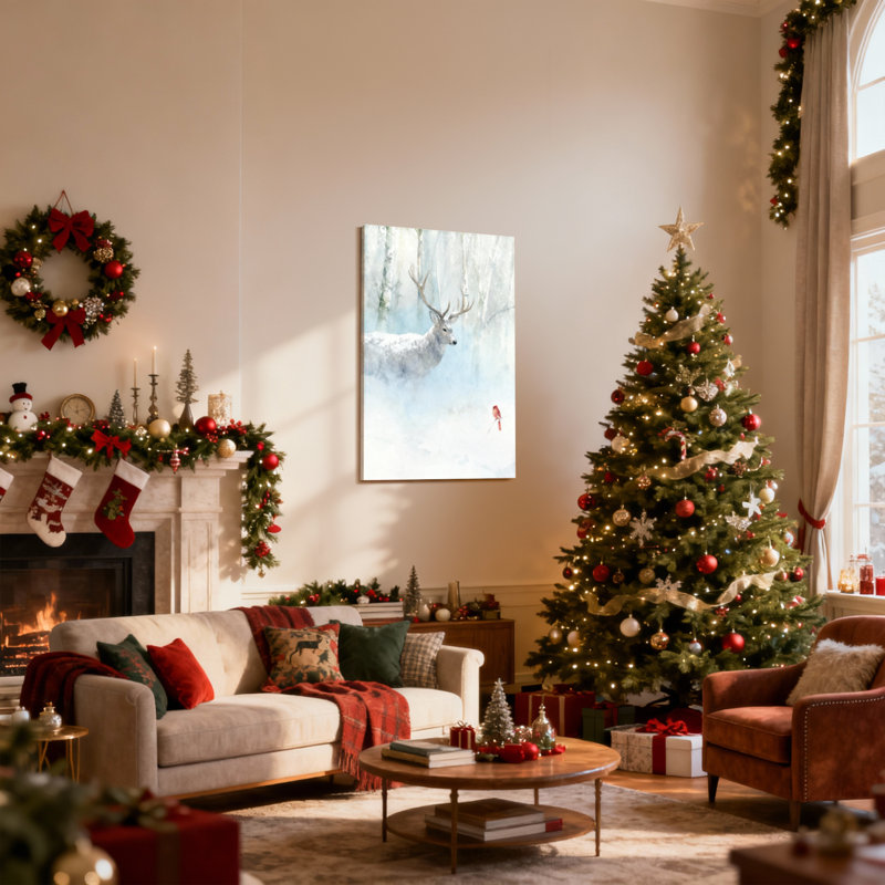 Ensemble de 3 reproductions d'art sur toile de Noël, hiver, cerf et oiseau rouge, H 24 po x l 16 po