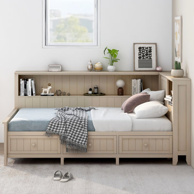 Twin Size Wood Daybed With Storage Shelves And 3 Drawers