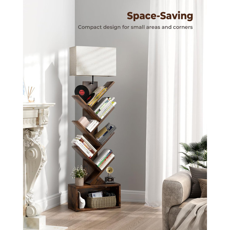 6-Tier Tree Bookshelf With Built-In Light - Rustic Brown Tall Bookcase With Storage Drawer, Adjustable Lighting For  Office/Bedroom (Anti-Tip Design)