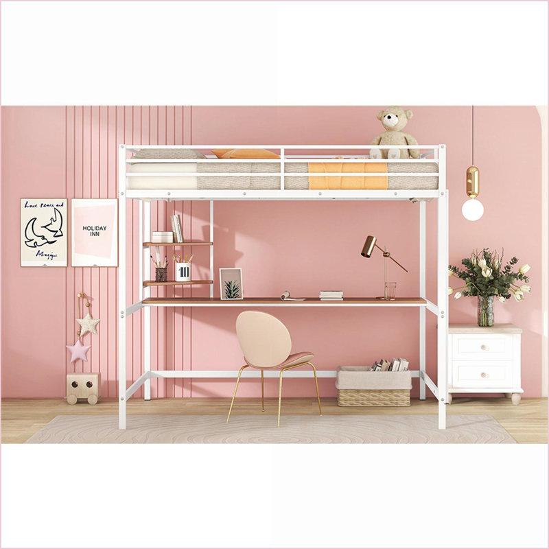 Lit mezzanine double en métal avec bureau Tablette - blanche, sans sommier, idéale pour les petits espaces, Blanc