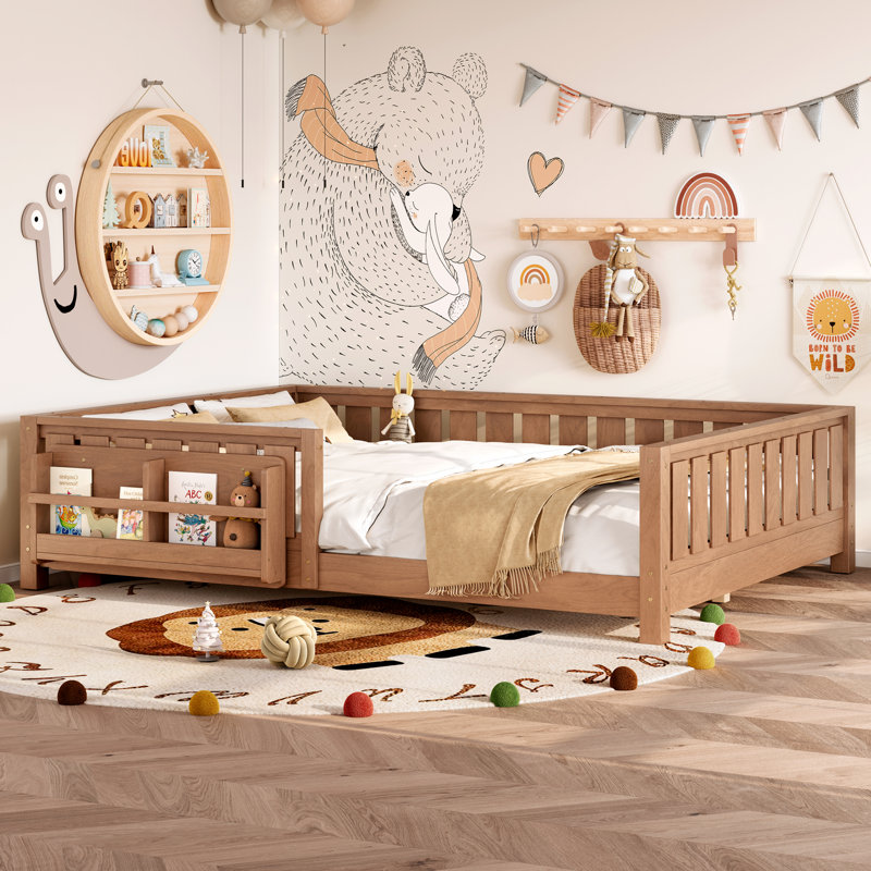 Queen bed with built-in bookshelf and high-quality safety guardrail,Natural, Natural, Queen