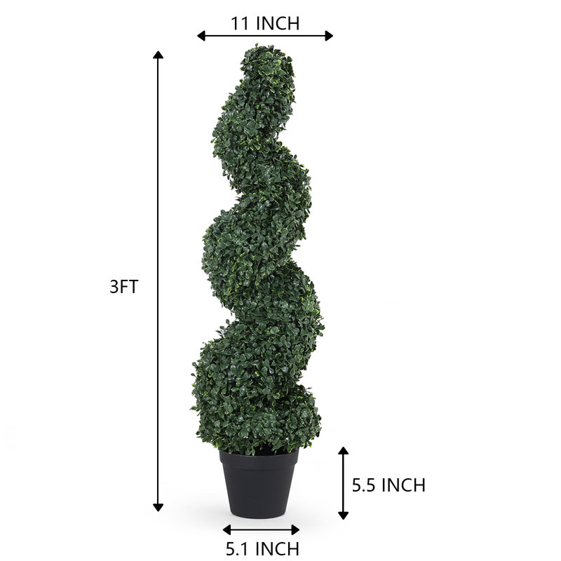 Topiaire artificiel en spirale de buis, arbre en plastique noir en pot, Vert foncé, H 35,44 po x l 11 po x P 11 po