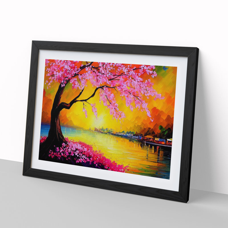 Cherry Blossom Tree Glow Vol.2 - Single Picture Frame Painting, 46cm H x 64cm W x 2cm D, Black