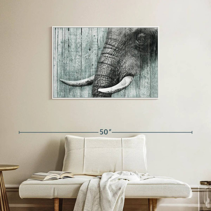 Elephant On Textured Wood, Floating Frame White, 37" X 25"