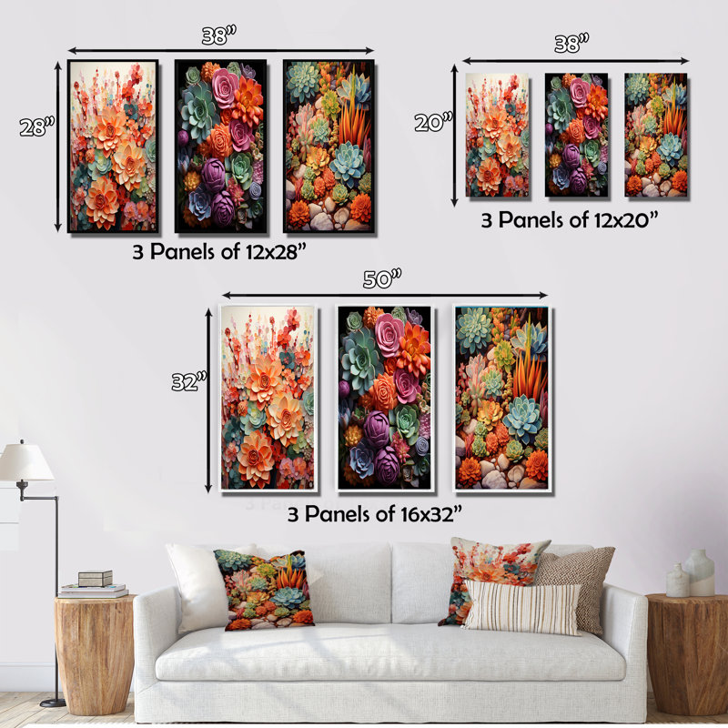 Ensemble de 3 fleurs oranges et roses succulentes, Cadre noir, H 20 po x l 36 po