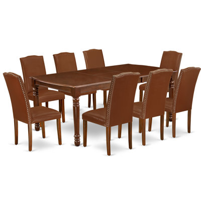 L'ensemble de table de cuisine 9 pièces comprend une table de salle à manger rectangulaire avec feuille papillon et 8 chaises parsons en simili cuir brun, acajou