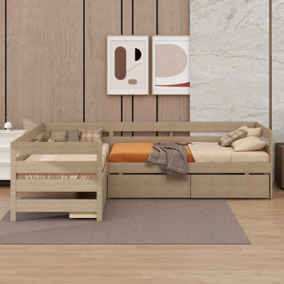 Space Efficient L Shaped Twin Platform Bed With Triple Storage Drawers