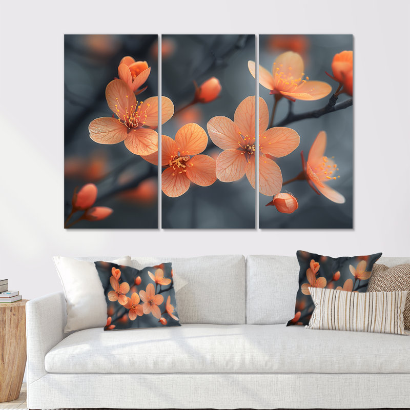 Photo de fleur de cerisier orange pastel - ensemble d'art mural fleur de cerisier, H 28 po x l 36 po x P 1 po, Toile tendue