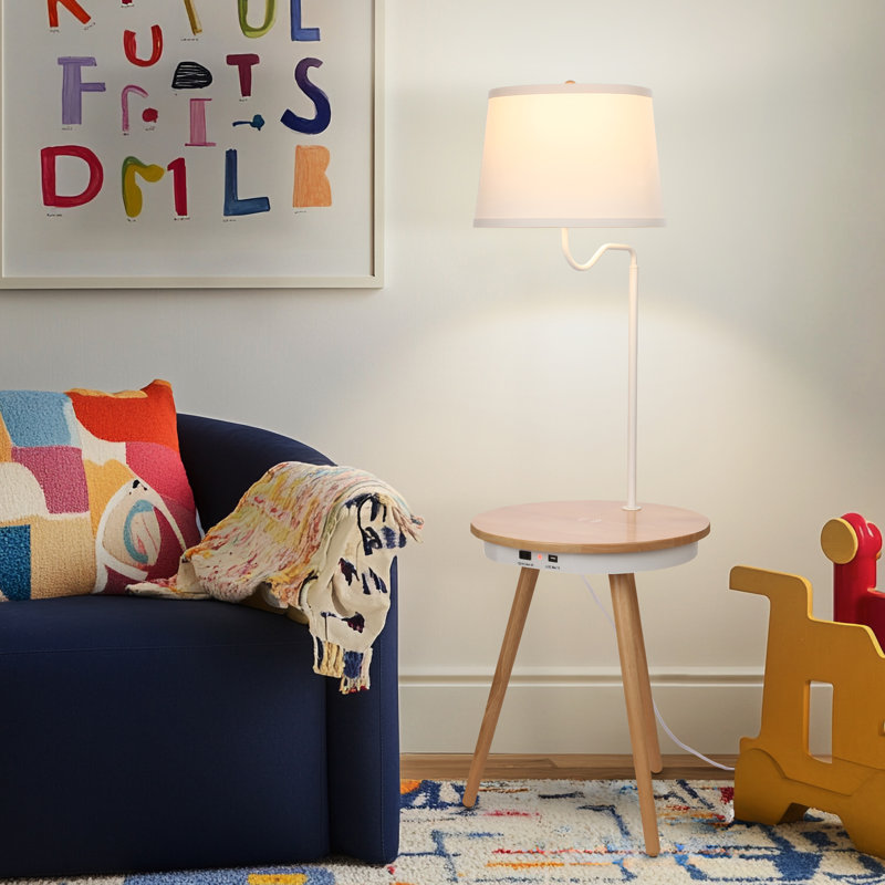 Lampe de chevet DEL Mid-Century de 56 po avec port USB et base de recharge sans fil Owen, Bois