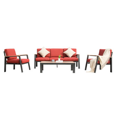 Ensemble de conversation d'extérieur en osier 4 pièces, ensemble de conversation en rotin rembourré en aluminium toutes saisons avec 2 coussins pour terrasse
