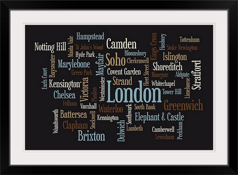 «London Text Map» par Bellen, art textuel, H 24 po x l 32 po x P 1 po, Cadre noir