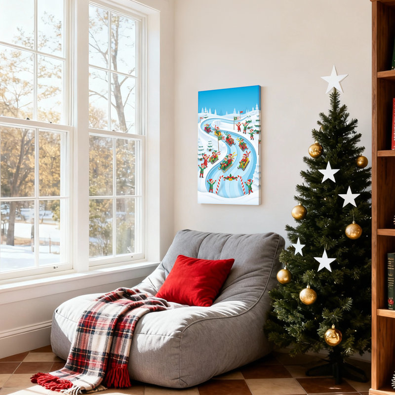 «Christmas Snowy Landscape Elves Sledding Christmas Fun Winter Scene», ensemble de 3 impressions d'art sur toile