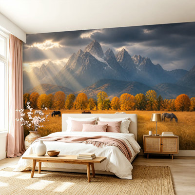 Family & Renter Friendly Peel & Stick Large Full Wall Mural Mountain Landscape, Residue-Free Removable Oilproof Stain Resistant Wall Decor for Kitchen Living Room Bedroom Nursery Wall Decoration